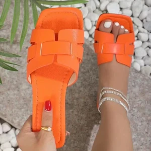 Cheaper Women Casual Flat Summer Slipper Ladies Shoes and Sandals for Mules Luxury slippers square Toe Chaussures Pour Femmes