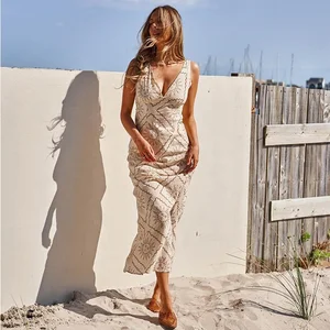Clothing Manufacturer Custom Spring Summer White V Neck Sleeveless Elegant Casual Women Beach Dress
