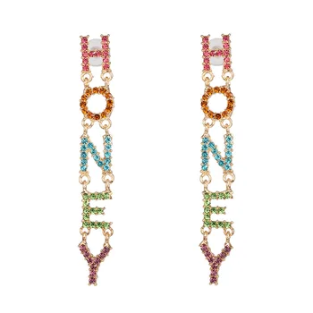 High quality customized HONEY word letter pave diamond crystal drop earrings