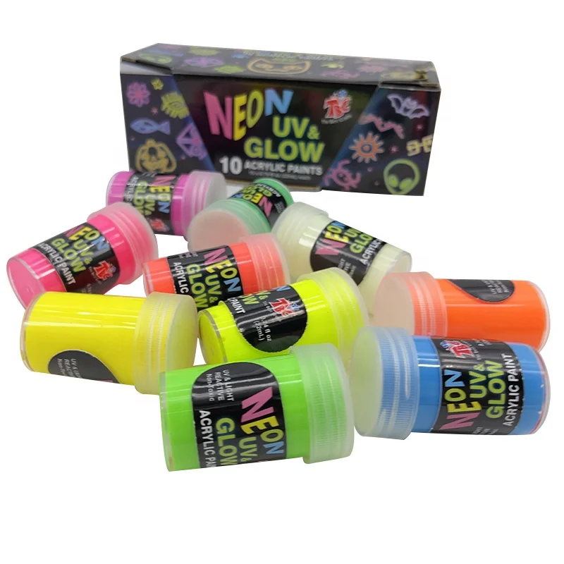 Non Toxic 10 Colors Neon Fluorescent Paints in the Dark 20ml Acrylic for Canvas Walls and Ornament Painting