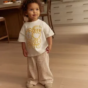 Fashion Cute Children Designer Casual Kids Clothing Puff Print T-shirt and Striped Trousers Pants Girls Clothing Sets