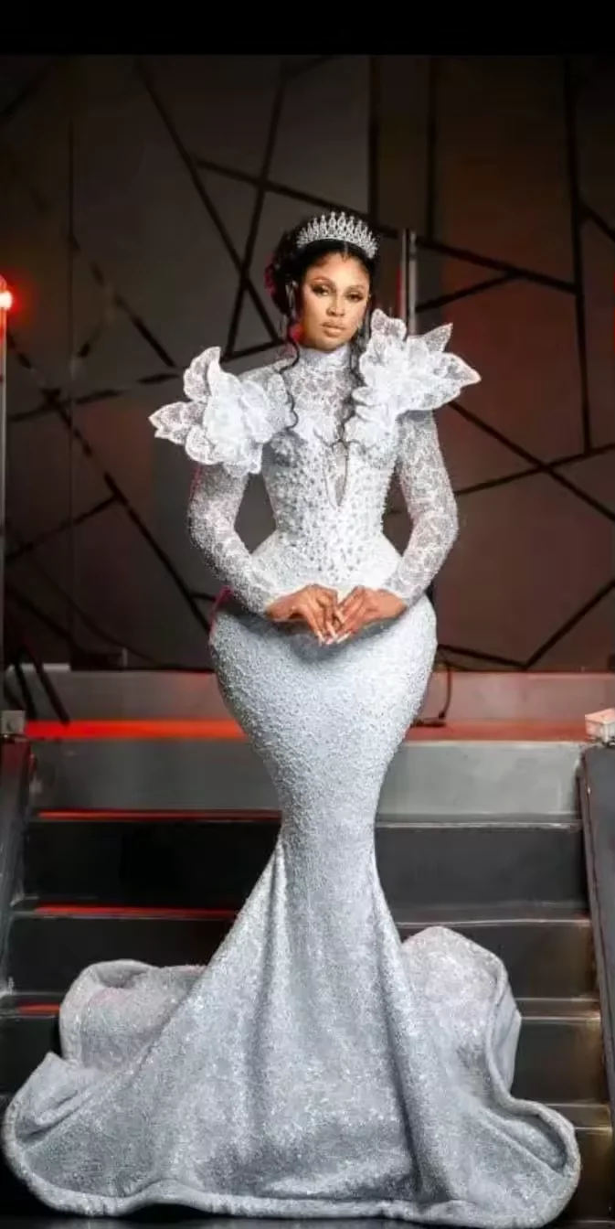 2026 S0843L Modern High-Neck Long Sleeve Starry Sky Fantasy Mermaid Wedding  Dress Embroidered Fishtail with Lace-up Back Design| Alibaba.com