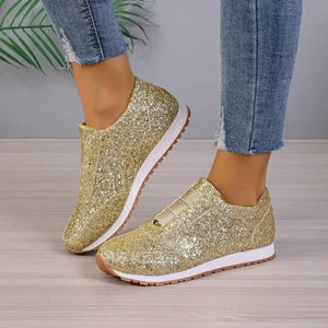 Spring and Summer Breathable Shiny Glitter Leisure Shoes Women's Suede Leather Lightweight Casual Walking Sneaker Shoes