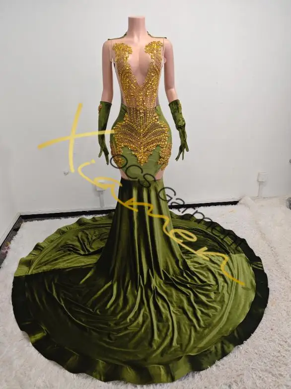 Ocstrade Vestidos Sparkly Glod Rhinestone Long Maxi Ball Gown Evening Dress Women Custom Beaded Sequin Prom Dress With Gloves