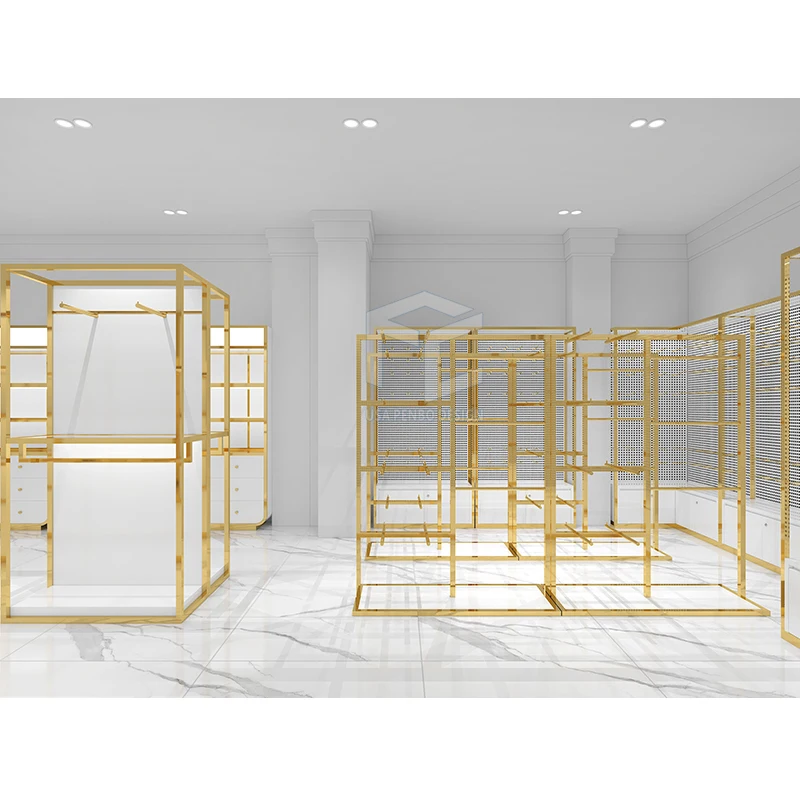 High End Garment Shop Decoration Customized Gold Clothing Display Rack Provided Full Clothes Shop Design