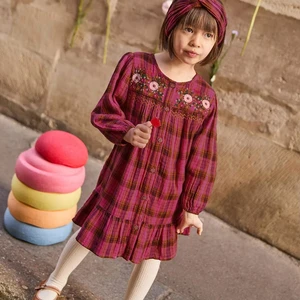 Customized  Elegant Stylish Vibrant Pink-and-brown Plaid Pattern Long  Sleeves Floral Embroidery  Retro Vibe Girls Dress Outfit
