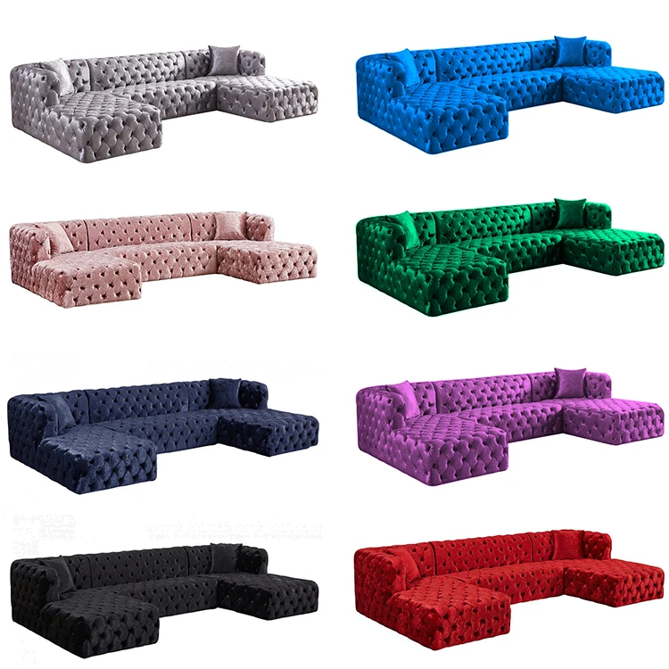 Wholesale Modern Gray Blue Green Velvet U Shaped Modular Chesterfield Button Tufted Ushape