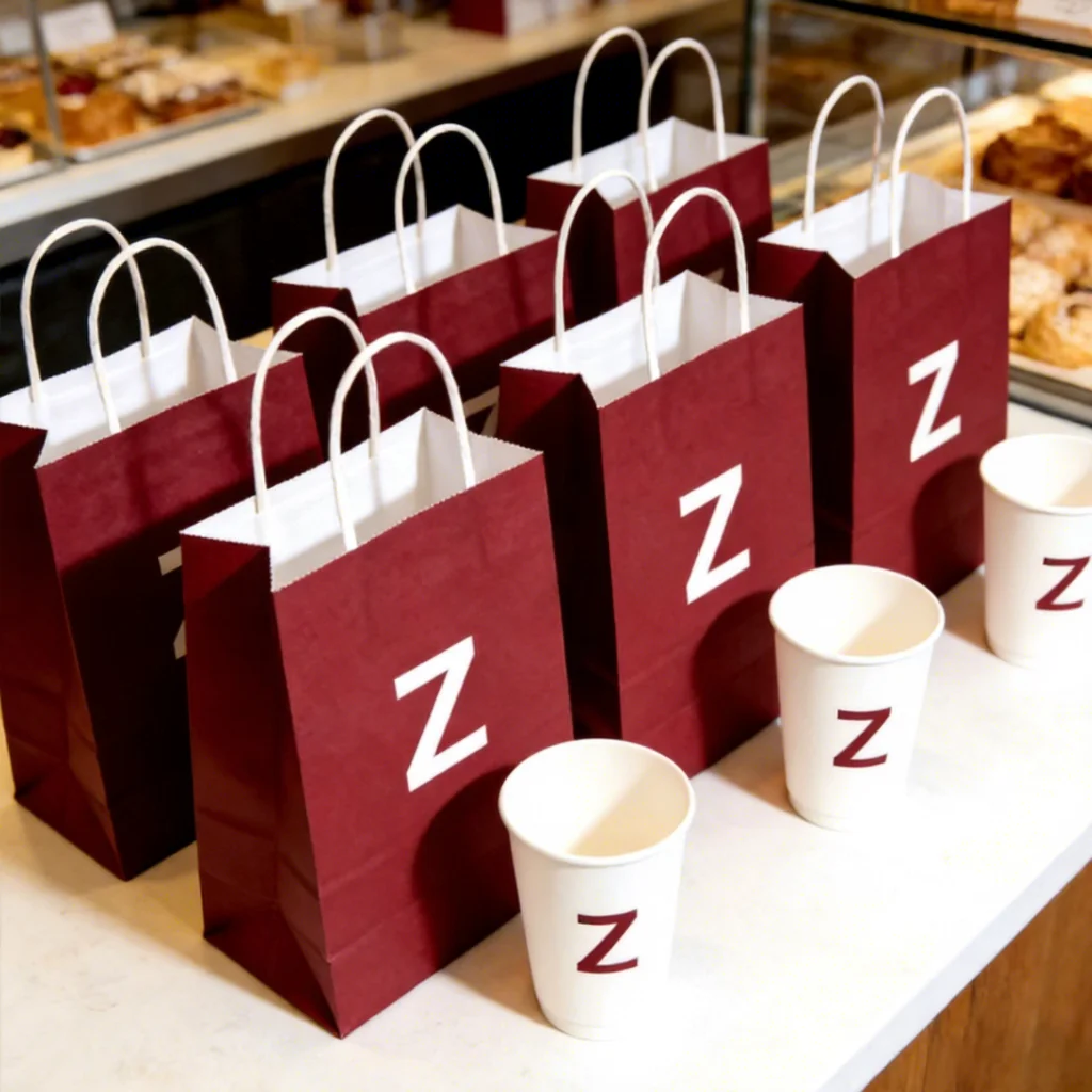 Brugerdefinerede trykte kraftpapirposer med håndtag til madudhentning