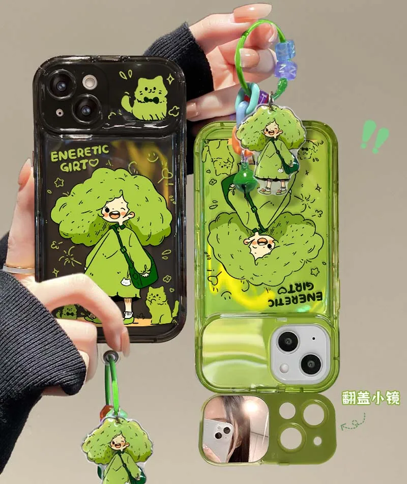 Green Girl Cat Camera Mirror Stand Holder Pendant TPU Case