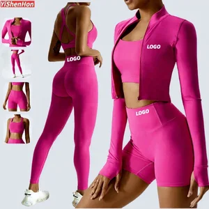 YISHENHON Wholesale Fitness Clothing Women Gym Clothes Kit Sweat Suit Butt Lift Women Long Sleeve 4 Piece Yoga Sets