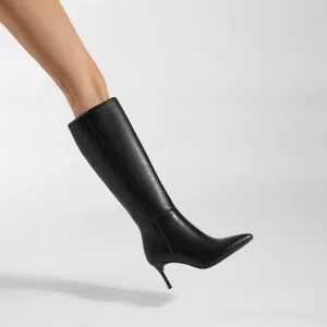 Women's Trendy Knee-High PU Leather Boots with Slim Stiletto Heel Pointed Toe Design Side Zipper