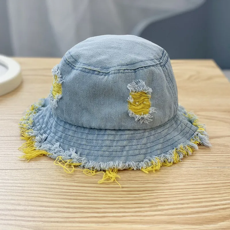 Vintage Wide Brim Demin Bucket Hat Jeans With Distressed Holes