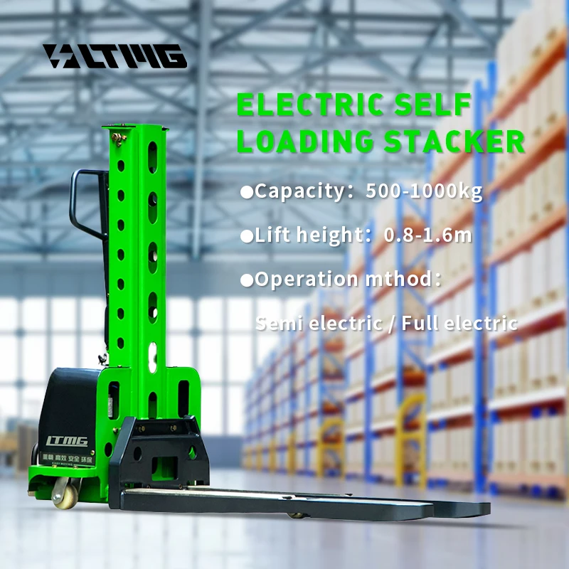 LTMG Portable Self Loading Stacker 500kg 700kg 1000kg Semi Electric Electric Pallet Truck 0.8-1.6m Lifting Height 48V/15AH