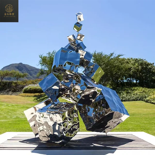 Outdoor Garden Park Decorated with Stainless Steel Cubic Sculptures