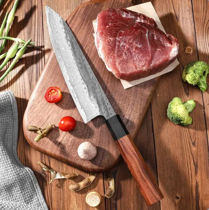 Damascus Steel VG10 Japanese Chef Knife - Hand Forged High Carbon Kitchen Knife with Wood Handle