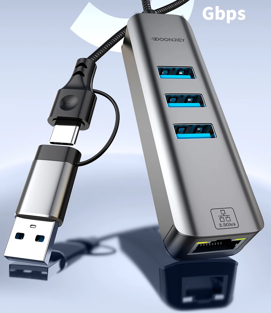 DOONJIEY USB 3.0 Aluminum Alloy Ethernet Adapter with 3-Port Type-C Gigabit Ethernet RJ45 Docking Station in Stock