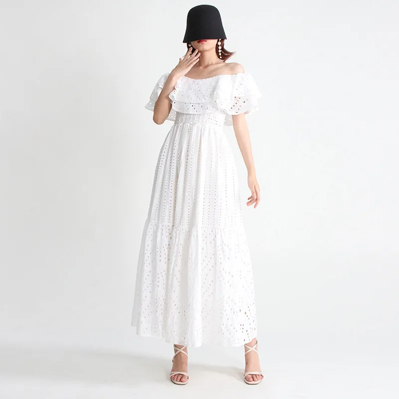 Summer Women Elegant Mexican Wholesale Ruffled Eyelet Embroidered White  Clothing Midi Dress