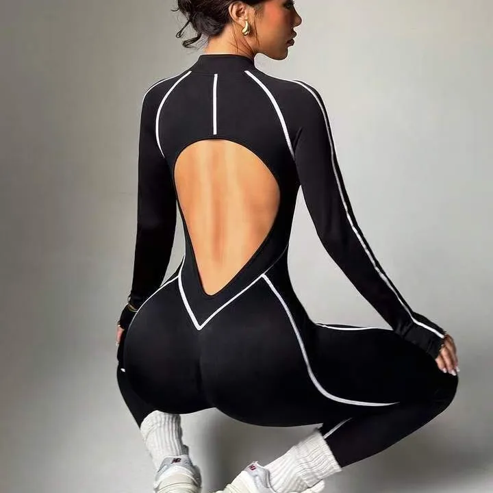 Seamless Contrast Color Stitching Hollow Spaghetti Strap Full Length Jumpsuit Yoga Suit preview