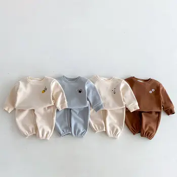 Autumn Winter Two-Piece Set for Boys Girls Korean Casual Velvet Thickeneded Suit Embroidered Warm Long-Sleeved Sweatshirt Solid