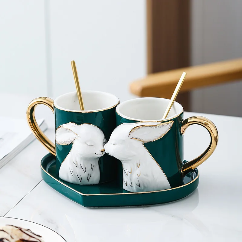 Set of 2 Nordic Mug Couple Pair Cup Creative Spoon with Lid Ceramic Love Cup Tray Lid Valentine Day Wedding Gift Box Milk Mugs