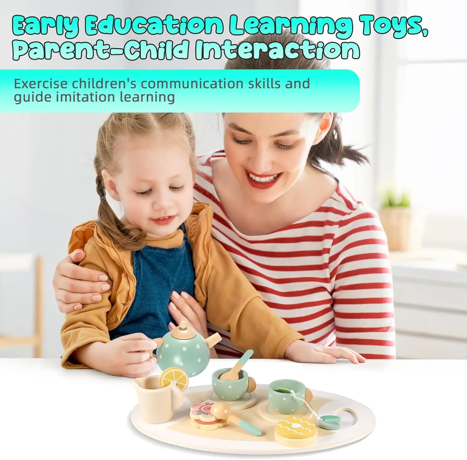 happy earth   14 pcs wooden tea set for toddler pretend play tea party set with simulation dessert tray teapot classical educational toy-3