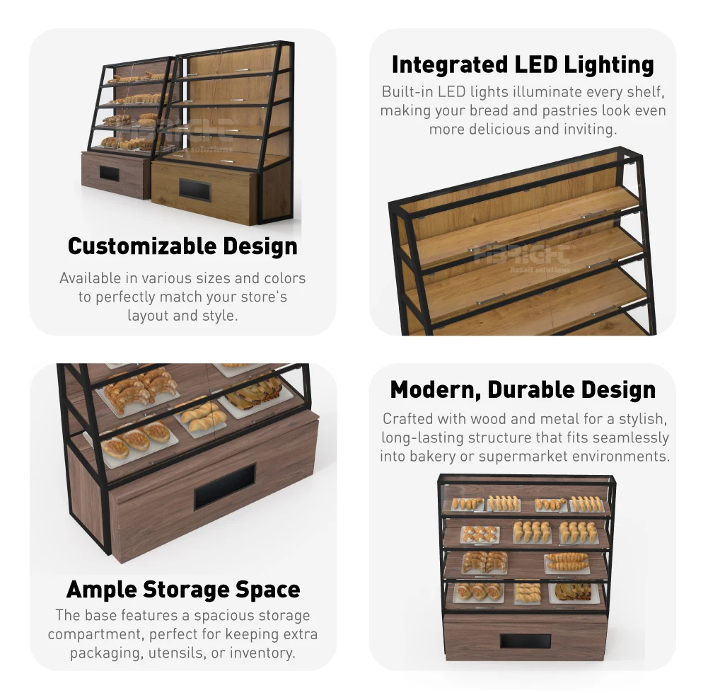 Customized Size Bread Display Rack for Supermarket Wood and Metal