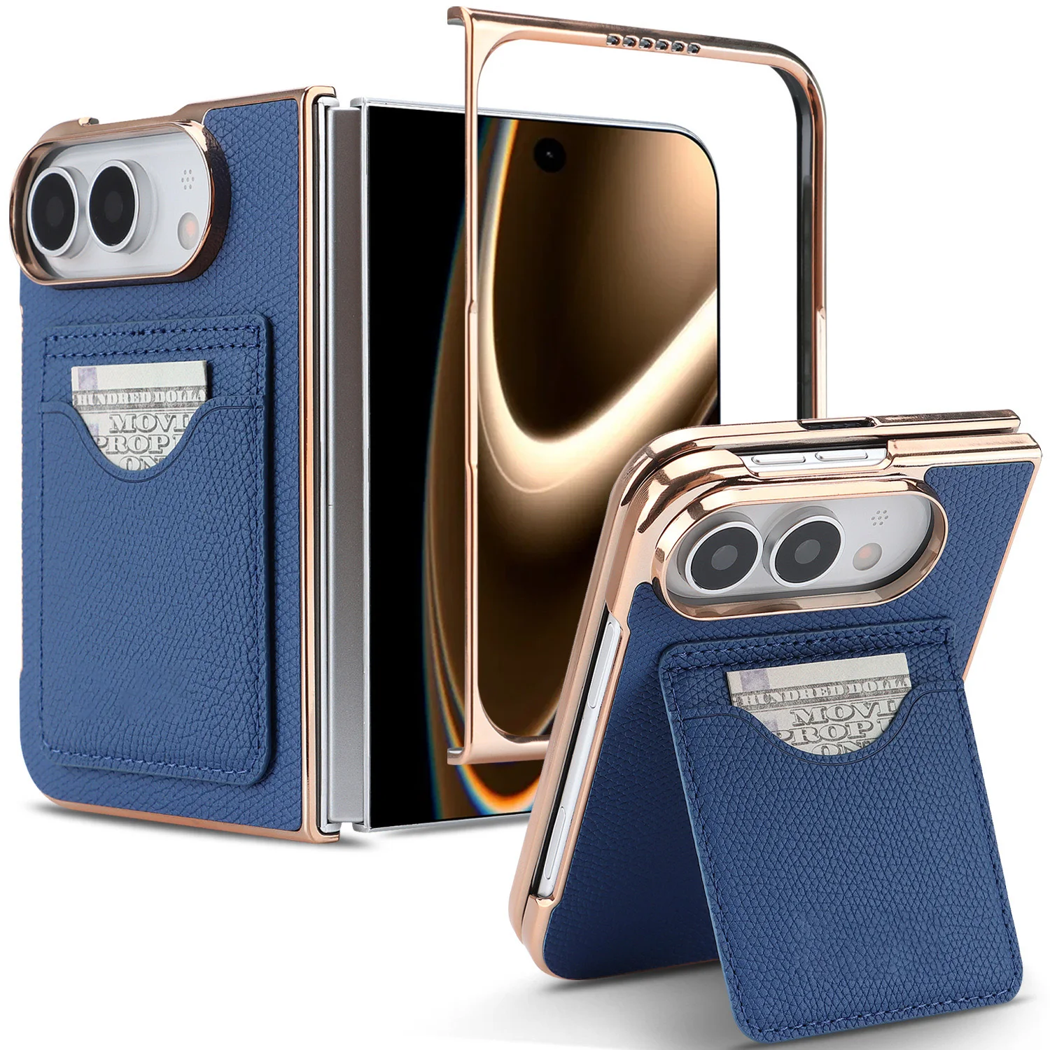 Coque de luxe en PU avec bords plaqués électrolytiquement, dotée d’un compartiment arrière double pour cartes, d’un support intégré, d’une protection antichute à 360° et d’un design pliable