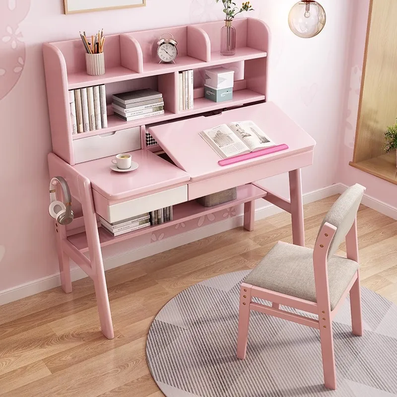 Kids Study Room Pink Study Table And Chair Modern Style Wooden - Main Image