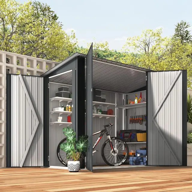 Modern Outdoor Horizontal Sheds & Outdoor Storage with Triple Lockable Door for Bicycles, Tools Storage for Garden Use