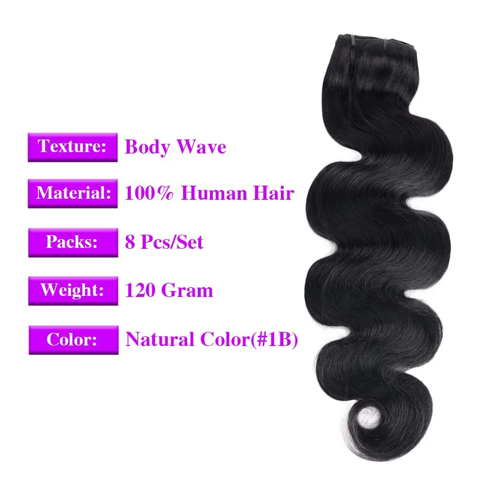 Body Wave Clip in Haarverlängerungen brasilianisches Remy-Haar Clip ins natürliches Schwarz voller Kopf menschliches Haar_voghion.com