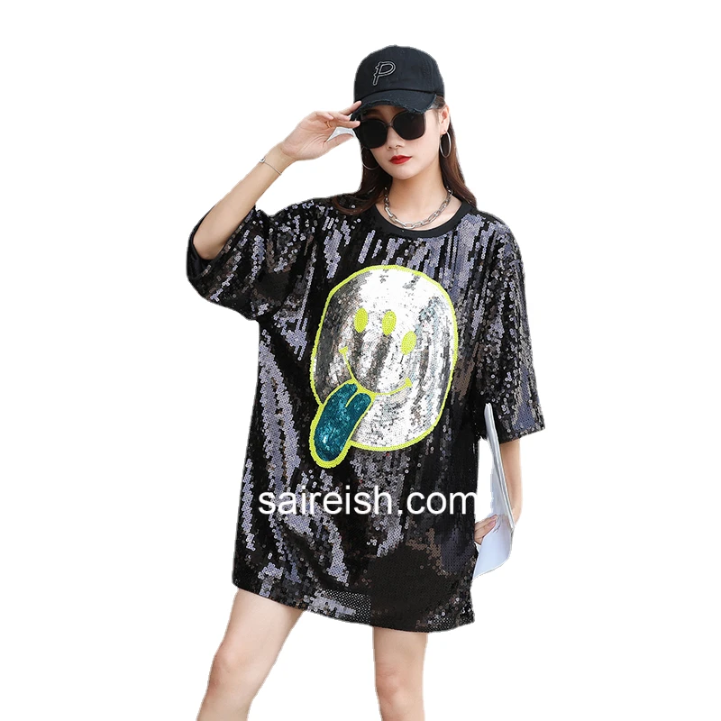 birthday jersey dress Saireish Custom One Size Women's Sequin Crown T-shirt Letter Pattern Beaded Natural My Queen Girl Style fitted basketball jersey dresses