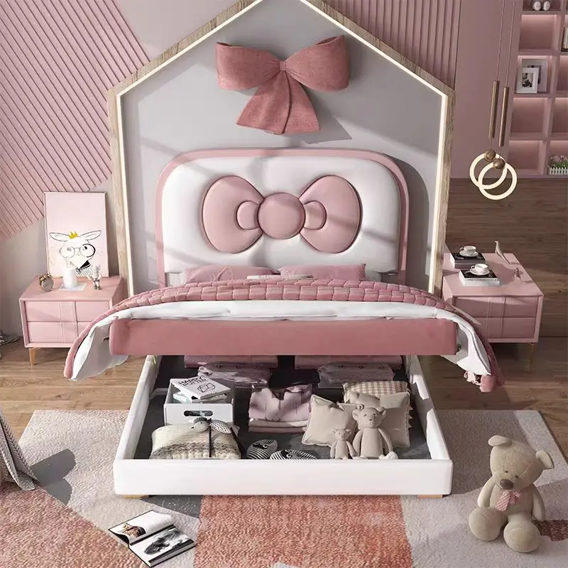 Newest Design Single Size Crystal Decorative Cute pink Girls Polyester Fabric Children Bed for Kids Hot Kids Bedroom Furniture