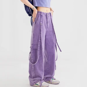 Fashion Women's Loose Ribbon Wide Leg Cargo Denim Pants