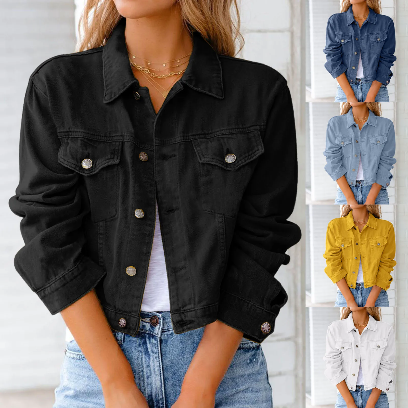 Modèrn Anyar Pikeun Wanita Mantel Jean Winter Tombol Kuning Blank Jaket Denim