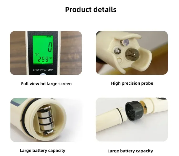 4 in 1 pH H2 ORP Temp Test Kit Hydrogen Water Ppb/ppm Meter Dissolved Hydrogen Test Pen for Hydrogen Water with ATC & Backlight