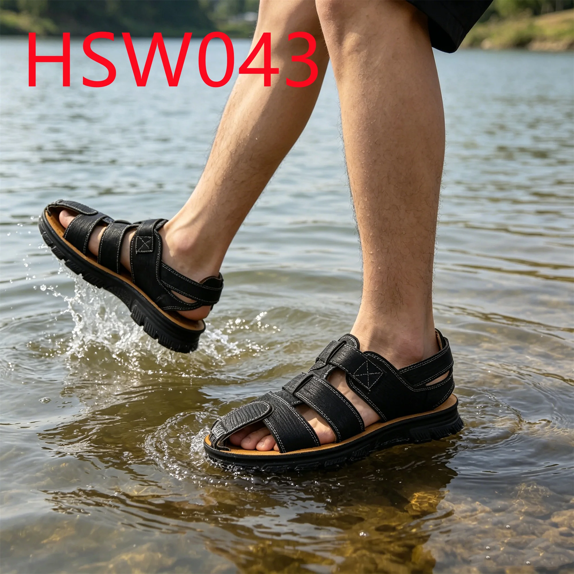 HY,Summer Holiday Quick-drying PU Leather Open Toe Men Beach Shoes Tide Walking Roman Style Wide Fit Feet Barefoot Shoes HSW043
