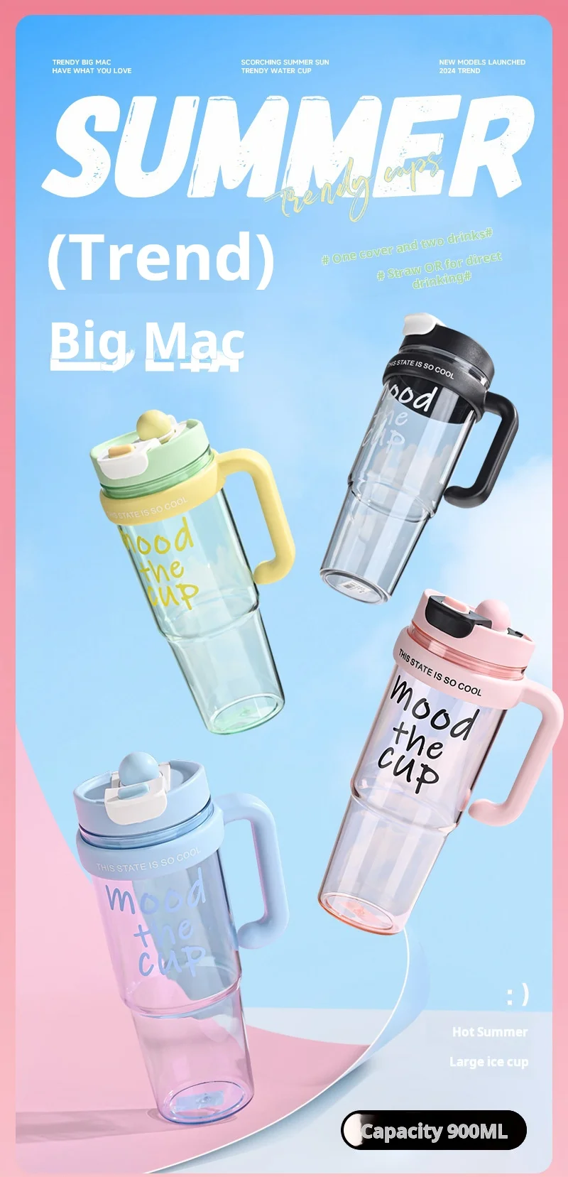 Mood the Cup Summer Ice Cup Plastic Car Water Bottle With Handle 900ml