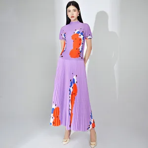 Miyake Pleated Fashion Women's Set Printed Elastic Stretch Top and A-Line Swing Skirt Matching Pleated Summer Two-Piece Set