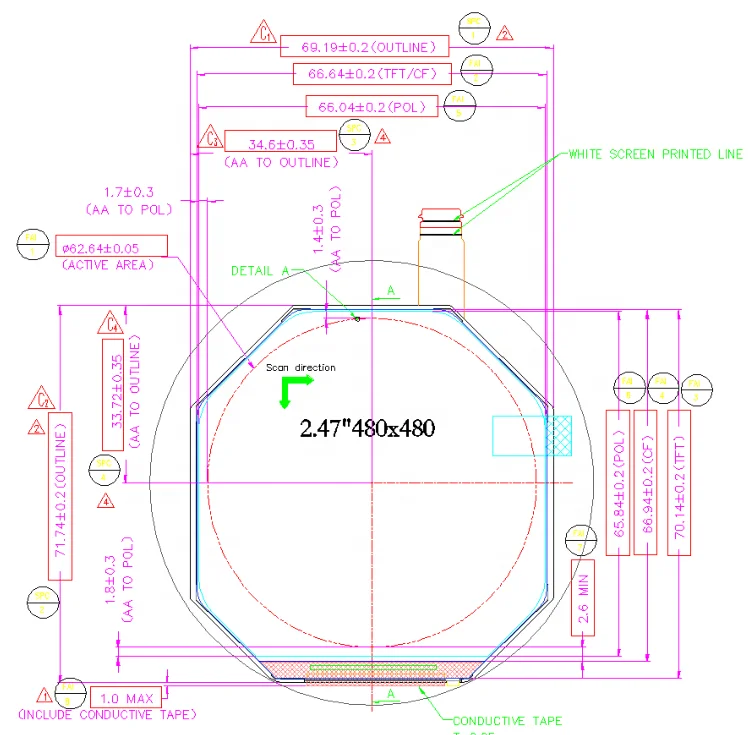 2.47 Inch 480x480 400 Int 35 Pin MIPI-DSI Interface Transmissive HX8379-C Tft Lcd Module Display Touch Screen