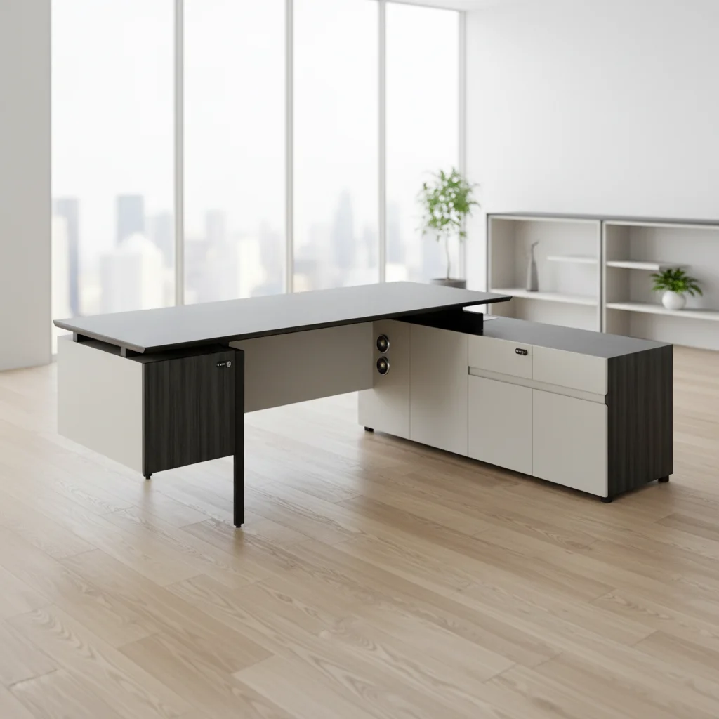 Premium Modern Durable Executive Office Desk Custom Height Wood Top Steel Legs Storage Drawers Cabinet Office Furniture 6