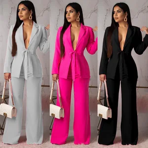 Solid Color Loose Waistband Two Piece Set Office Wear for Women Suit Women Lady Business Suits Carton Boxes Autumn Knitted 1sets