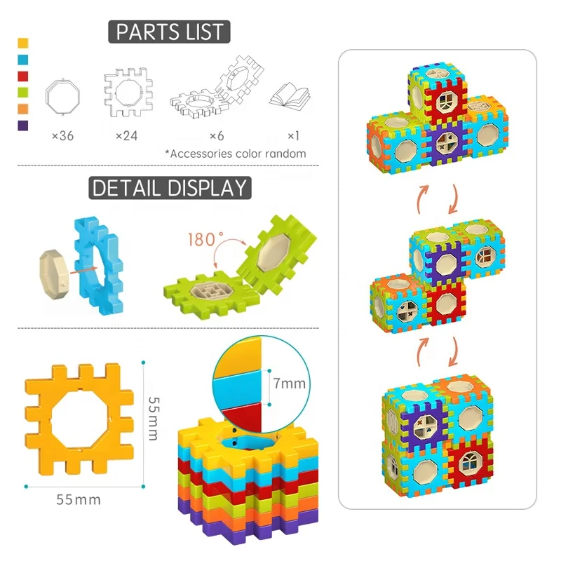 Samtoy 66PCS Learning Toys Colorful Waffle Blocks Stem Interlocking Building Blocks DIY Puzzle Block for Kids