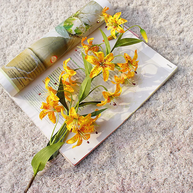 New Arrival Wholesale Artificial Silk Lily Flowers 15 Heads Red Orange