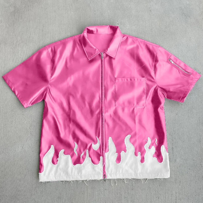 Custom Distressed Applique Embroidery Pu Shirt Zip up for Men