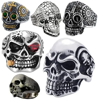 New Vintage Skull Silver Color Ring Mens Skull Biker Rock Roll Gothic Punk Jewelry Rings New Ghost Men Punk Jewelry Gift Ring