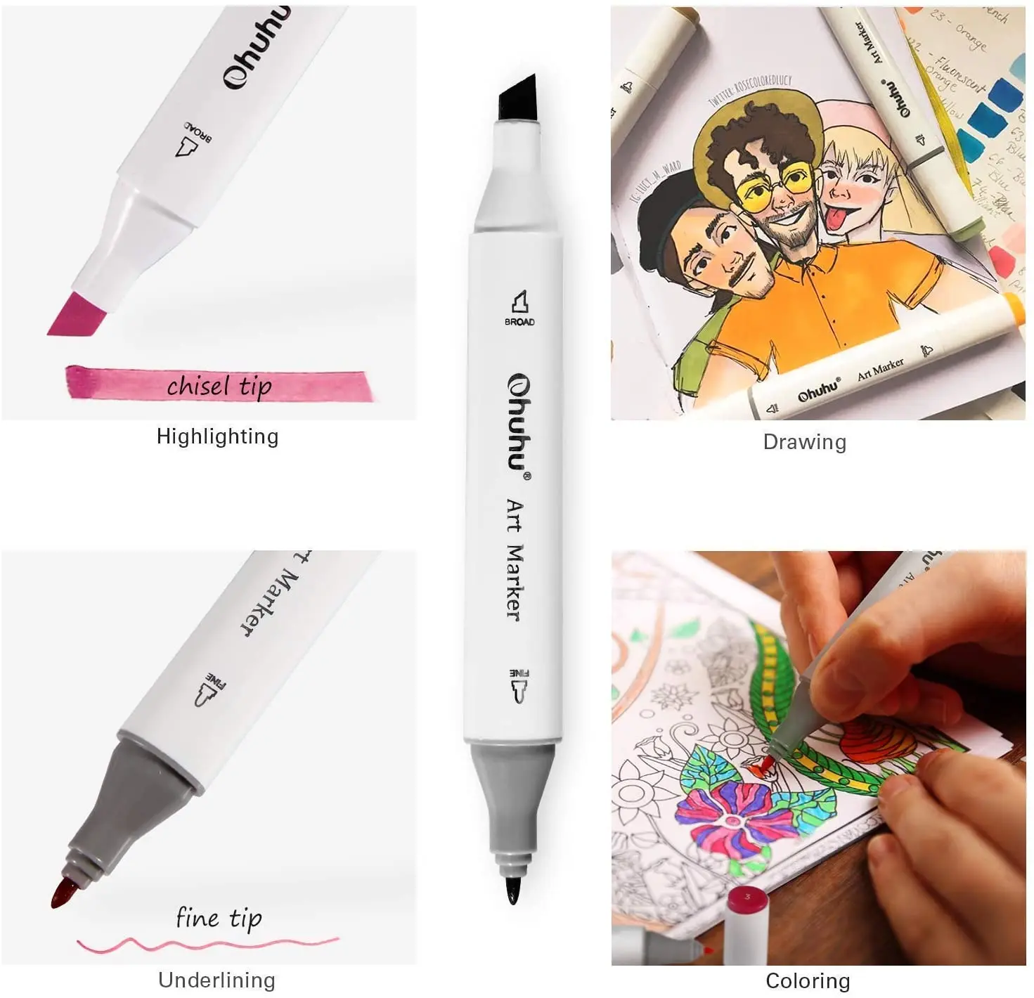Ohuhu 100 Colors Alcohol Markers Set - Double-Tipped Fine and