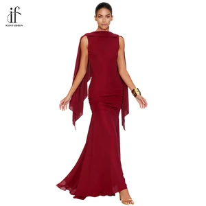 Women Temperament Wine Red Evening Gown Cinched Waist Scarf Collar Bodycon Dress Elegant Banquet Party Dress