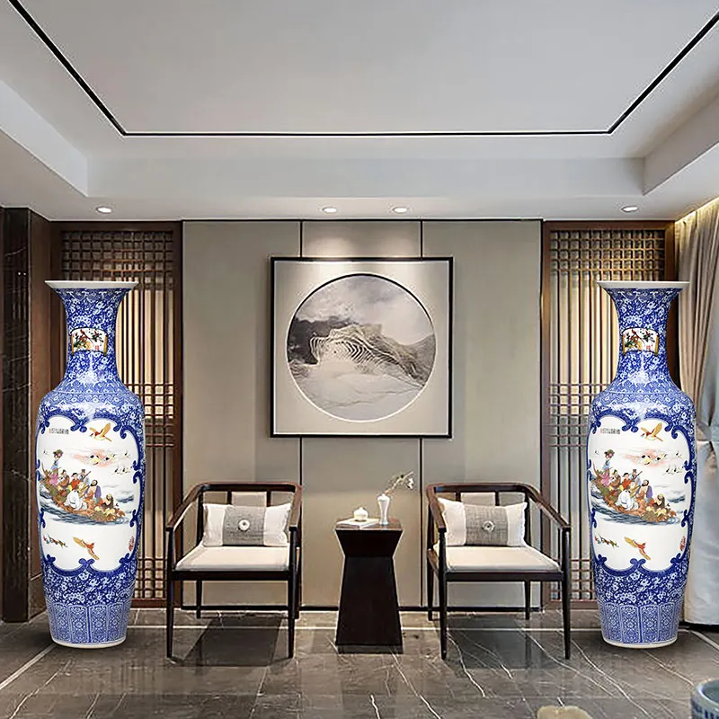 中国アンティーク手描き磁器ユニークな形床大きな花瓶室内装飾用