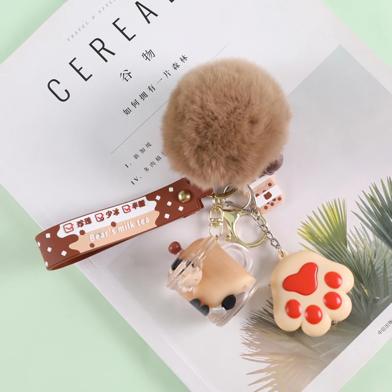 Lilangda 2022 Bubble Baba Milk Tea Design Pom Pom Nail Clippers Cat Paw Keychain Laveros Porte Cl Liquid Keychain Plastic Metal