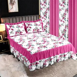 New Design 7 Piece Ruffled Quilt Bedding Sheet Set Deep Pocket Skirt Ruffle Linen Red Color Fitted Sheet Set